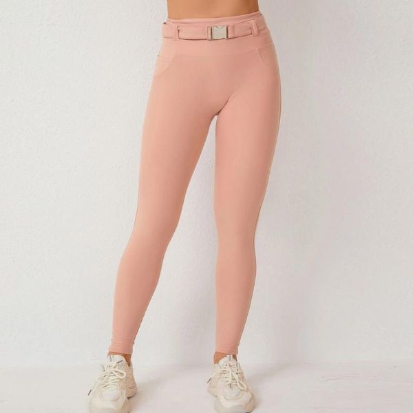Aktive Hosen schieben sich im Fitnessstudio Leggings Frauen mit Gürtel 2024 Lycra für hohe Taillen Sportstrumpfhosen Frau Yoga tragen Leggins Mujer Pink Rot