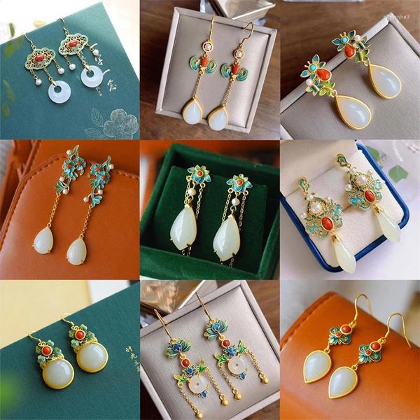 Dangle Ohrringe Natural Hetian Jade Emaille Porzellan Chinesischer Retro Court Stil einzigartiger alter Gold Charme Frauen Silberschmuck