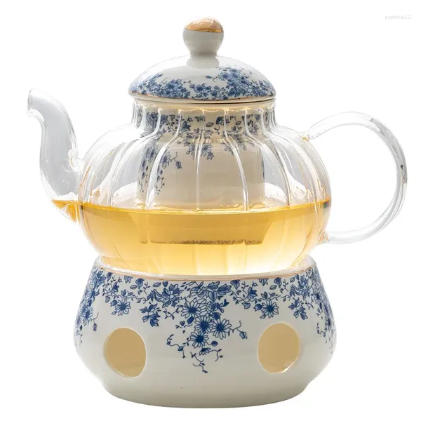 Conjuntos de chá de chá conjunto de chá de cerâmica estilo de jardim inglês tupo de flor retro pode ser aquecido a pires de xícara azul e branco de panela