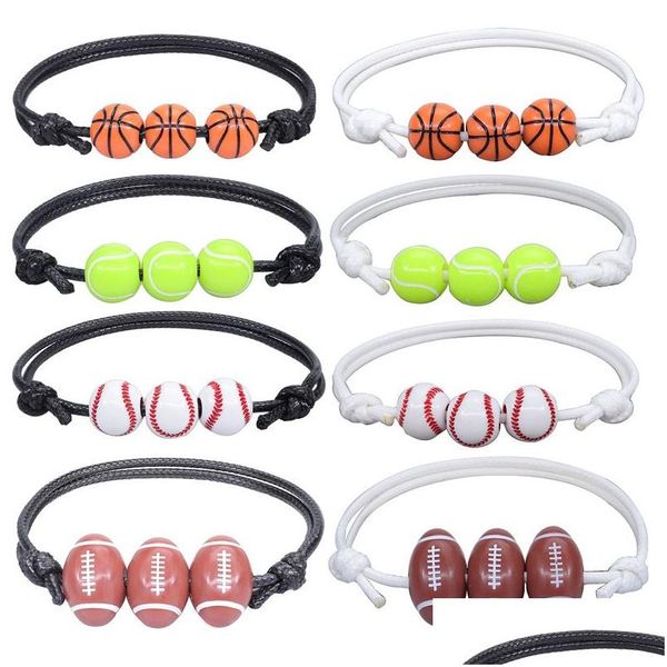 Perlen Basketball Fußball Rugby Baseball -Anhänger Tennis -Charm -Armbänder für Männer Frauen handgefertigt verstellbare Lederseilball Sport DH48L