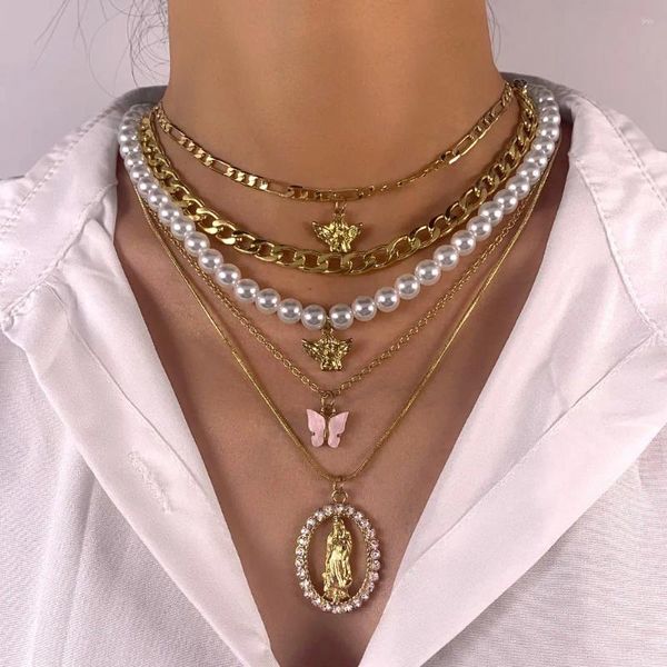 Catene Fashion Butterfly Angel Pearl Perline Collana a catena per donne Multilateer Golden Portrait Crystal Crystal Cionclane Boho Jewelry Boho