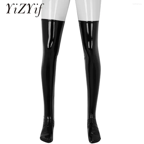 Herrensocken Yizyif Man Wetlook Strümpfe Leder Sissy Anti-Skid Softelastizität Knie hohe Fußfußabstecke Clubwear Kostüm Cosplay