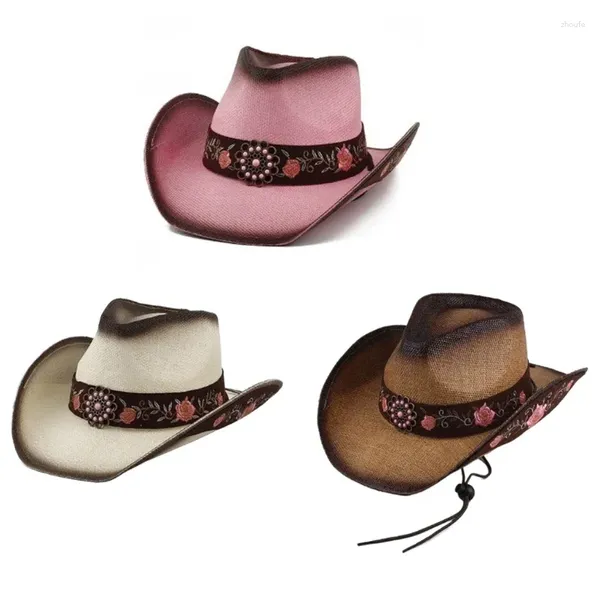 Berets Cowboy Strail Sun Hat для женского козырька с шириной с вышивкой цветочницей карнавалы карнавалы.