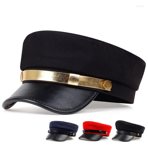 Boinas de couro unissex Eaves Hats Militar Caps de beisebol de topo liso para mulheres Cadete esportivo ao ar livre Capéu solar Chapéu