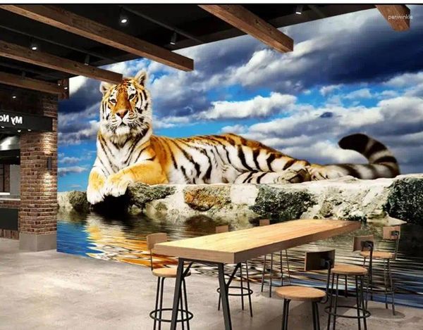 Papéis de parede Tigres no mural da montanha 3D papel de parede papéis para cenário de TV