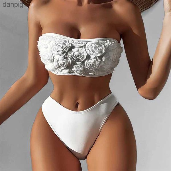 Женские купальники Сексуальные 3D Flower White Bandeau Bikini Bikini High Thiswear 2024 Женщины отталкивают купальные купальные костюмы.