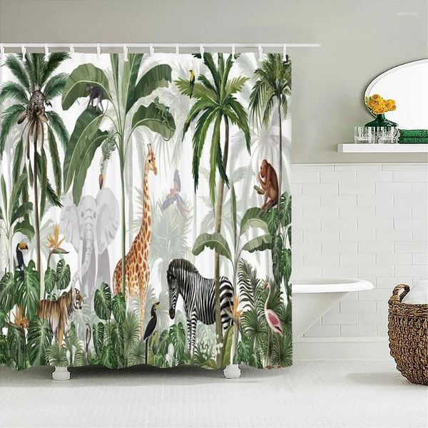 Cortinas de chuveiro 3D Tropical Plant Tree Curtain Banheiro Propertício de Polyeste de Tecido Polyeste Decoração de banheira com 12 ganchos