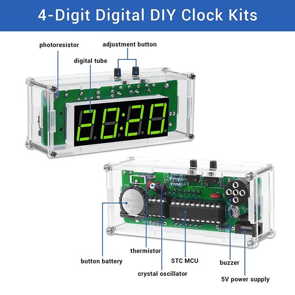 TJ-56-428 kits de relógio digital DIY de 4 dígitos com concha de acrílico, kit de prática de soldagem de despertador de bricolage para aprender eletrônicos