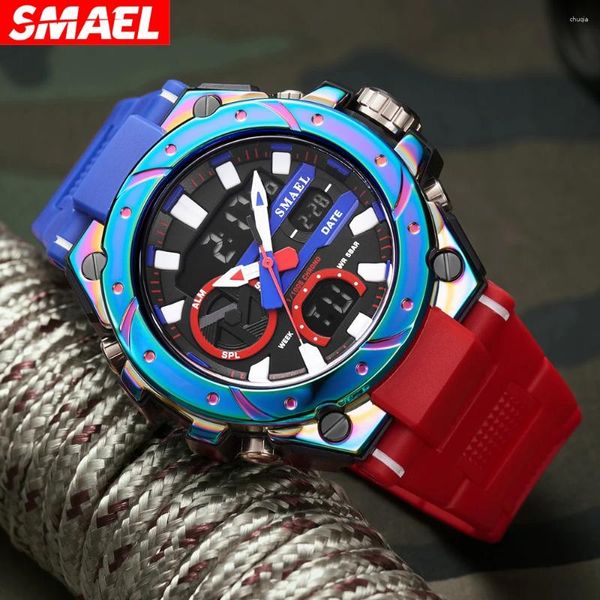 Armbanduhren Smael Colorful Case Dual Display Männer Uhr Wasserdicht Sport Military Alarm Stoppuhr Quarz Armbanduhr Männliche digitale Uhr