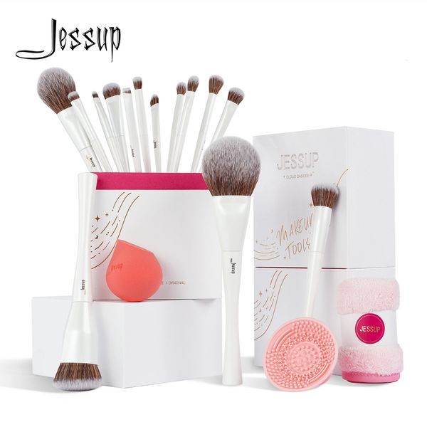Jessup makyaj fırçaları 14pcs makyaj fırçası set seti hükmü seti süngerli kadınlar için makeupbrush cleanertowel t333 240403