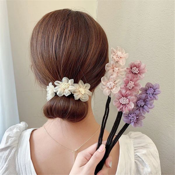 Elegante fios de flores femininas clipes de cabelo panos maruko penteados fazendo ferramentas longas