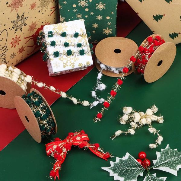 Weihnachtsdekorationen, 12 m, Fuzzy-Pom-Ball-Band, goldener Streifen, Geschenkdekoration, Verpackung, Verpackung, Zubehör, DIY-Kleidung, Puppe, Schleife, Haar