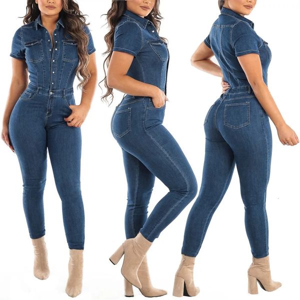 Modejeans Demin Jumpsuit Frauen, die kurze Ärmel -Denim -Strampler -Skinnhose Single Breaced Bodysuit Overalls 240326 gekerbt haben. 240326