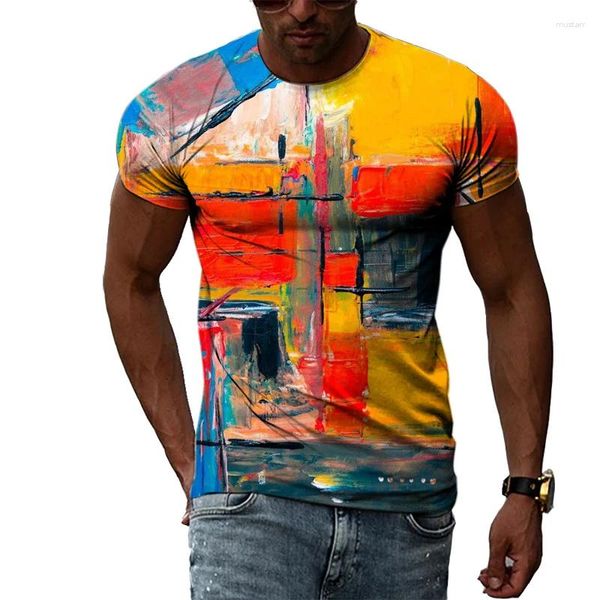 Camisetas de camisetas masculinas Imagem criativa de moda de verão Rouna de colarinho curto Tops Personalidade Pintura de arte irregular colorida colorida