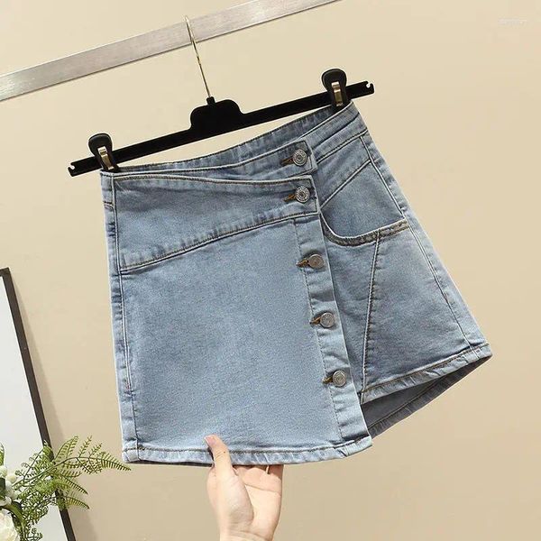 Jeans da donna Estate Pantaloncini di jeans a vita alta di grandi dimensioni Pantaloni slim a gamba larga monopetto con borsa a metà corpo