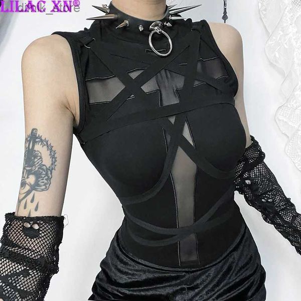 Kadın Tankları Camis Goth Black Cross Mesh Tank Tops Yüzden Gör y2K Vintage Bandage Sleweless CompeN Kadınlar İçin Yaz Sokak Giyim Tankları Camis Y240403