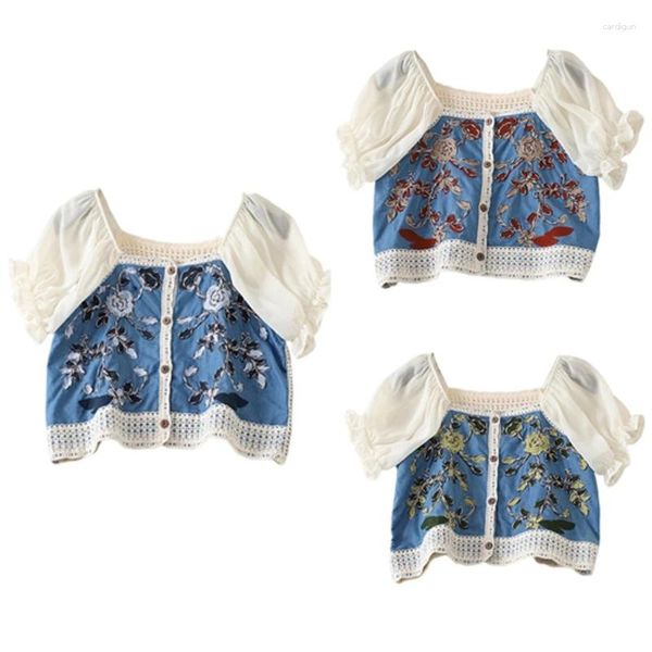 Camicette da donna all'uncinetto vintage cardigans flowigans for women gonio maniche corte a manica quadrata abbottonatura