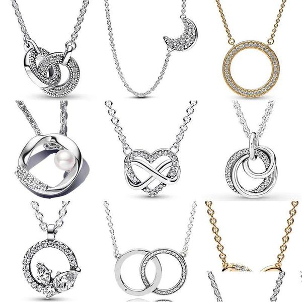 Anhänger Halsketten Authentische 925 Sterling Sier miteinander verflochtenen Herzen Kreis Pave Moon Familie Immer Infinity Halskette für Frauen Mode JE DH3SN