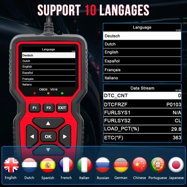 2024 V519 OBD2 -Scanner Live -Daten Professionelles Mechaniker Diagnosecode -Leser -Tool für die Überprüfung des Engine Light -Batteriespannungstests