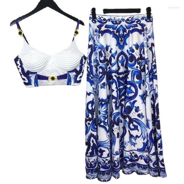 Vestidos de trabalho Banulin Bohemain Azul e Branco Porcelana 2 Peças Set Mulheres Spaghetti Strap Gold Button Tank Camis Tops Imprimir Saia Longa Terno