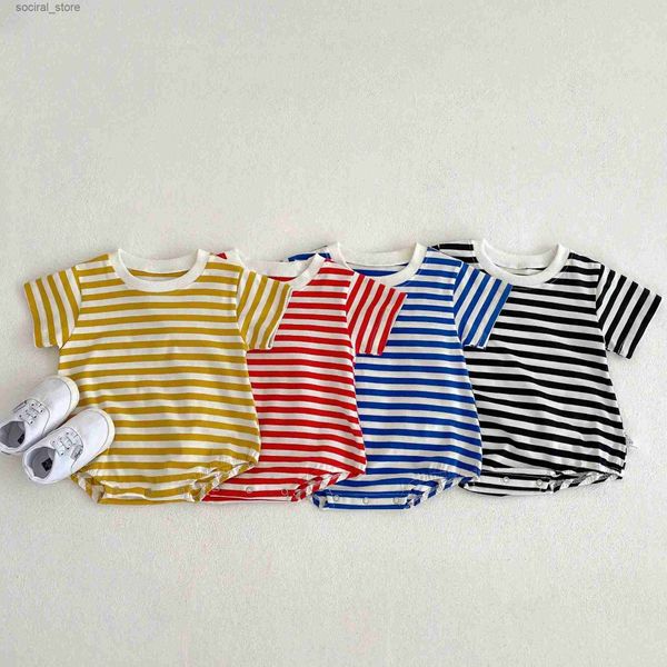 Rompers 2023 Summer Nuovo manica corta a strisce corta a strisce appena nata in cotone sottile tuta per bambini sciolti abiti casual neonati L240402