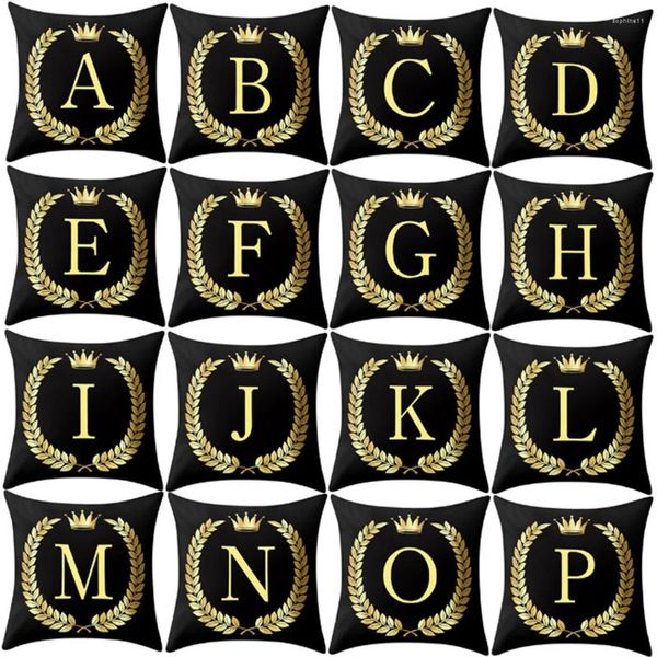 Kissen Schwarz -Gold -Buchstaben Kissenbezug Krone Alphabet Kissenabdeckung Sofa Wohnkultur Hülle Dekorative Kissenbezüge 45x45 cm