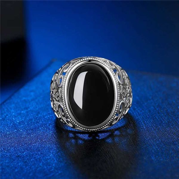 Anéis de banda Kofsac clássico estilo étnico hollow esculpido oval preto ágata jóias de dedos retro 925 acessórios de prata anel de prata para wearl40402 diariamente