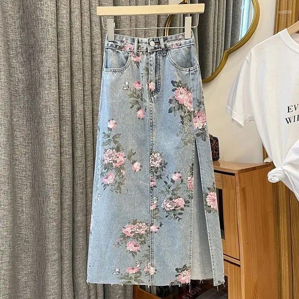 Signe primaverila/estate Single Spalato Spalato Long Denim Galnello Donne Donne Slip Fit con tasca ricamata a metà lunghezza P694