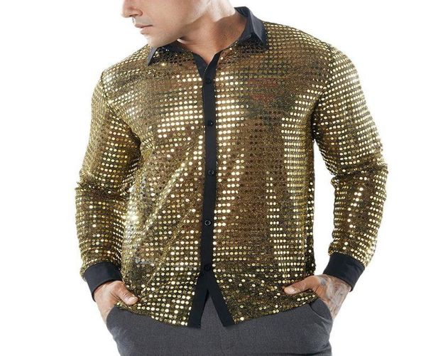 Men039s camicie casual nightclub sexy paillettes sexy camicia snow out blouse bloge cantante costume man mix fashion oro oro long long 1463152