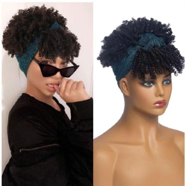 Perucas hedband sintéticas peruca feminina preta curta curta afro perucas cacheadas perucas de cabelo de alta temperatura