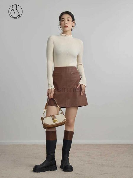 Urbane sexy Kleider Dushu hohe Taille Frauen A-Line PU Miniröcke 2023 Herbst Brown Pendler über dem Knie Länge Rock Reißverschluss Taille Frauen Rock 2443