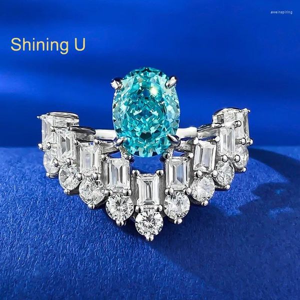Anéis de cluster brilhando U S925 prata alto carbono diamante gemas oval aquamarine 6/8mm anel para mulheres jóias finas presente