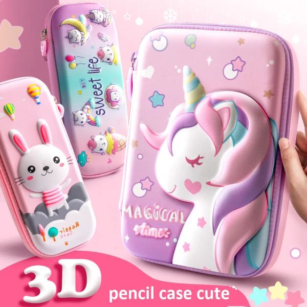 Casi 3d Unicorn Pencil Case Eva Pin Pin Pen Pen per scuola Kawaii Stationery Stake Articolo Gift Box Rones Couch E gomito