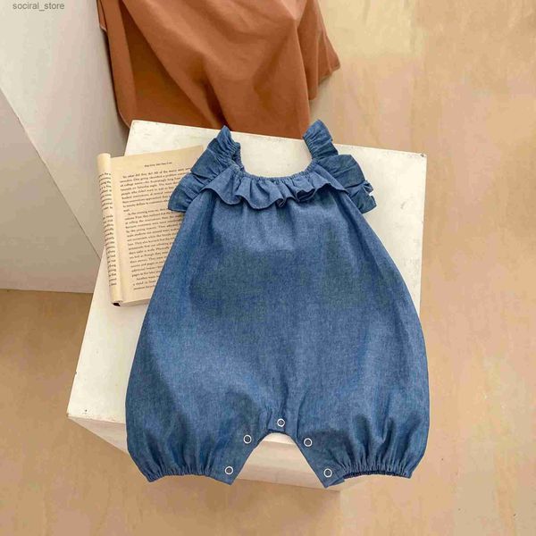 Rompers 22038 salto per bambini 2024 Summer Nuovo abiti da arrampicata corta in denim traspirante in denim dolce e adorabile bambino abiti da un pezzo L240402