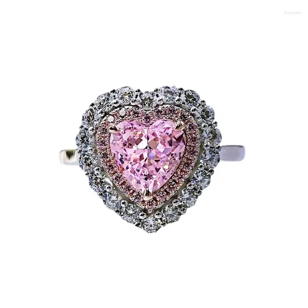 Anelli a grappolo Primavera Qiaoer Romantico 7MM Taglio a cuore Vero argento sterling 925 Diamanti con zaffiro rosa Anello di fidanzamento Gioielleria raffinata femminile Regalo