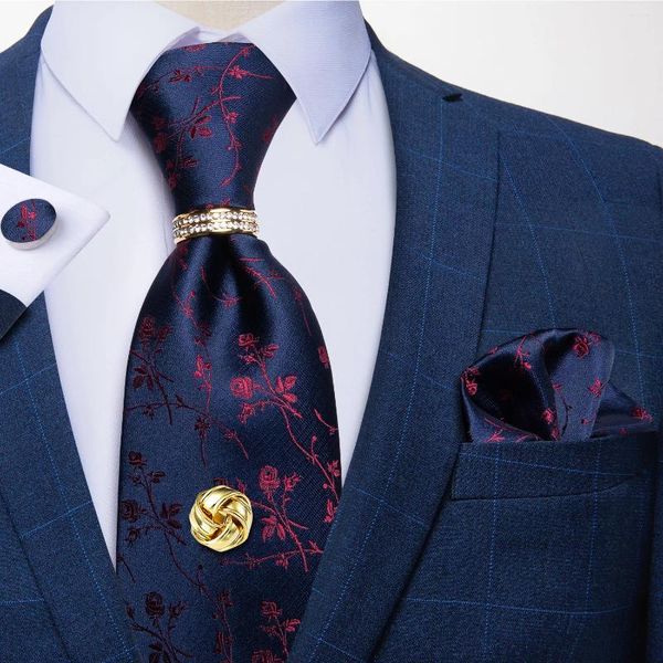 Bow Binds Mode Herren Luxus blau rot blumige Seiden Krawatte Set Hanky Manschettenknöpfe Krawatte Ring Tack Geschenk für Männer Hochzeit Dibuant