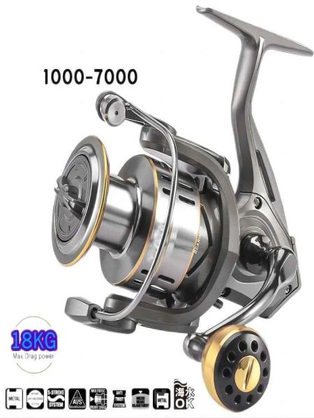 Bobine bobina rotatura a bobina in metallo ultraleggero che pesca placcaggio leggero per la corsa massima resistenza da 18 kg con acqua salata lancio lunghi rulli 10007000series