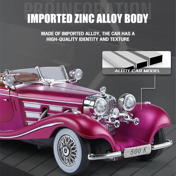 Metal Classic Cars Toys Scale 1/24 500k Vintage Car Diecast Alloy Model Gift for Boys Kids Kids Toy Vehicles Sound and Light