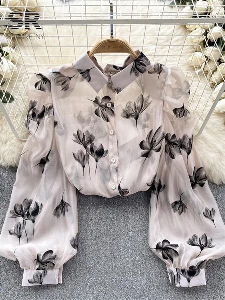 Blusas femininas camisa de estampa floral sirreiny feminino elegante de manga longa de lapela transparente da moda francesa Blouse Thin Summer Blouse