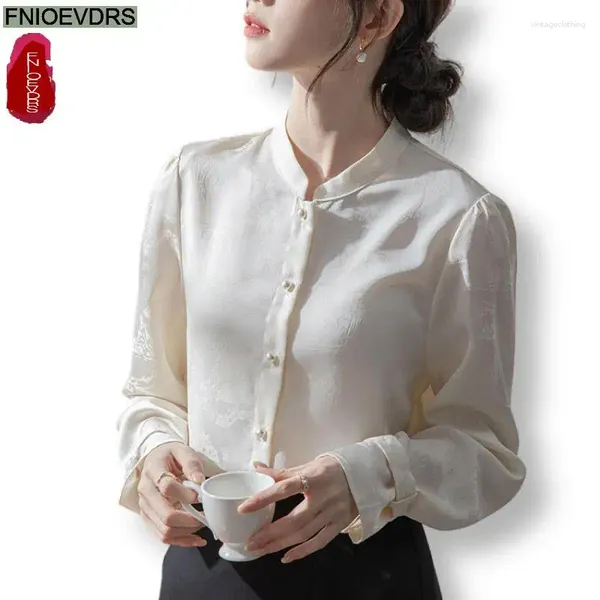 Frauenblusen S-XL 2024 Frühlings Sommerständer Kragen Tops Frauen Basic Office Lady Long Sleeve Retro Vintage Elegant Button Shirts