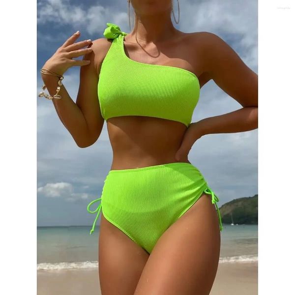 Mulheres Swimwear Mulheres Maiô 2024 Biquíni Fluorescente Verde Cintura Alta 2 Peça Único Ombro Banheira Terno Verão Beach Outfits