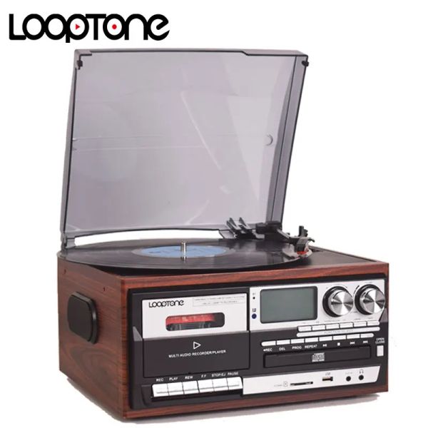 Alto -falantes looptone 3 Vinil Record player de vinil vintage bluetoothcompatible CD Cassete Player Speaker AM/FM Rádio USB