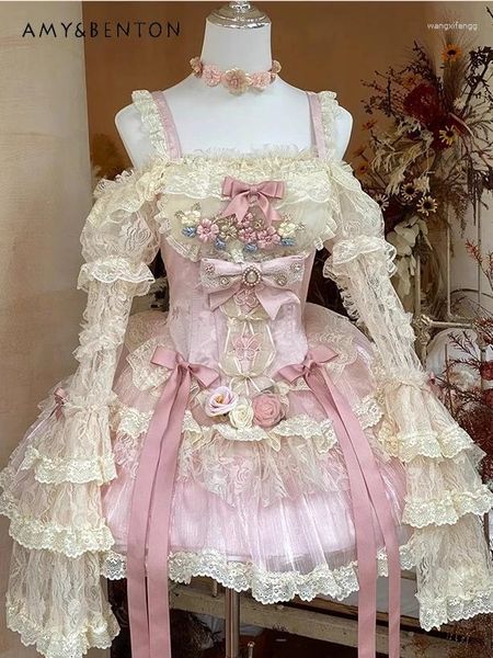 Günlük elbiseler peri tarzı zarif dantel çiçek omuz dışı ince elbise kadınlar için günlük lolita tatlı parlama kılıf y2k balo elbisesi