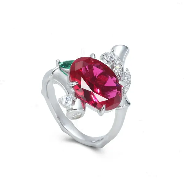 Anelli a grappolo di lusso 925 sterling in argento a forma di bambù ovale ruby ​​ad alto diamante in carbonio gembo di gemma della festa di gioielleria per donne