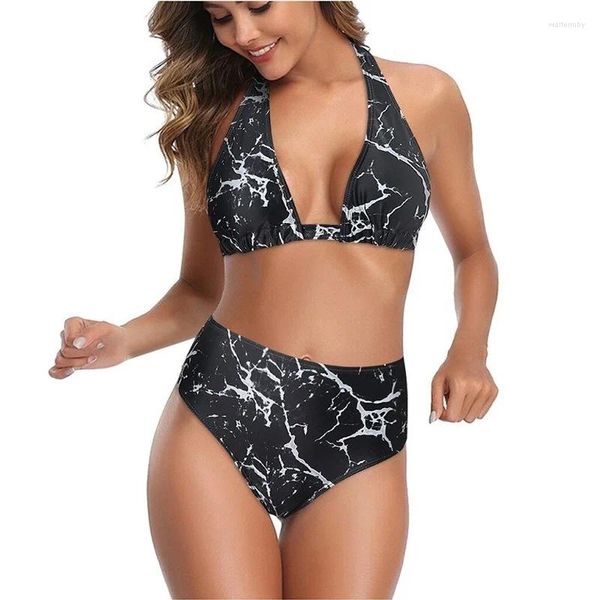 Damenbadebekleidung 2024 Badeanzüge Spaghetti -Gurt florales Bikini Set unterwirft Badeanzug Retro Halfter Ruch mit hoher Taille