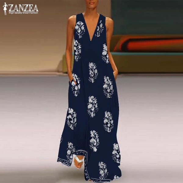 Zanzea 2023 boêmio vestido de impressão verão moda sexy decote em v sem mangas maxi vestidos femininos floral robe femme 240320