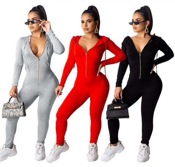 Mulheres zíper com capuz macacões sexy cor sólida moda macacão casual calças de uma peça magro leggings night club wear pano1099109