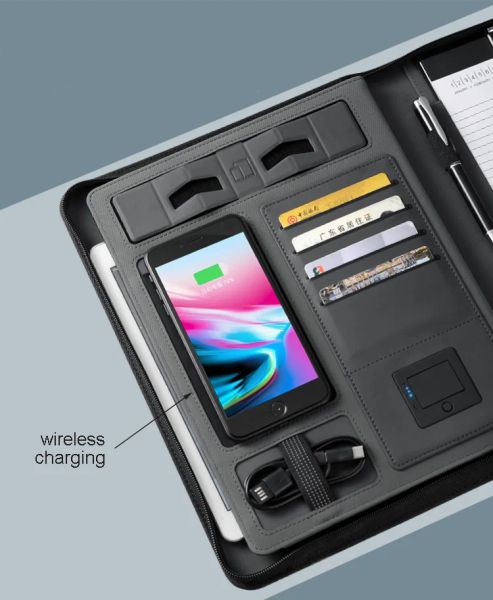 Bolsa nova pasta de arquivos de bolsa de notebook de composição de couro A4 de viagem A4 com 8000mAh Power Bank Mobile Stand Rack