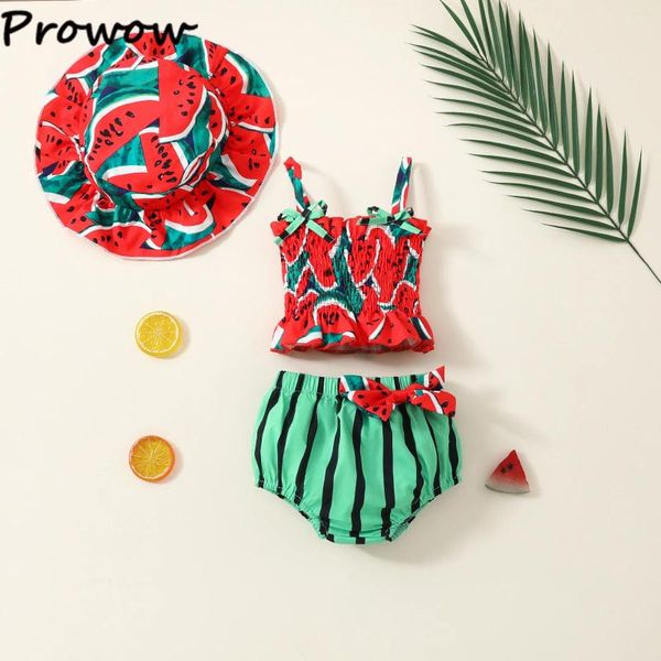 Conjuntos de roupas Prowow bebê meninas roupas 2024 verão vermelho melancia outfit smocked colete shorts chapéus de três peças para