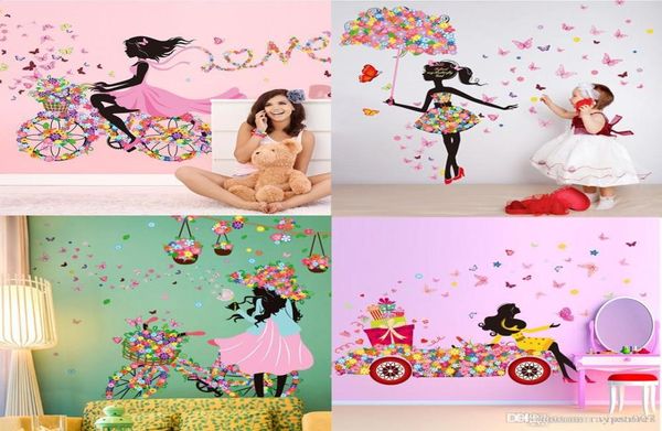 Diy linda menina decoração de casa adesivo de parede flor fada decalques personalidade borboleta dos desenhos animados mural de parede para kid0398031624